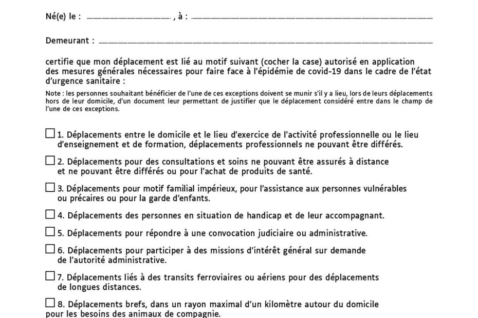 Attestation dérogatoire 15 décembre 2020